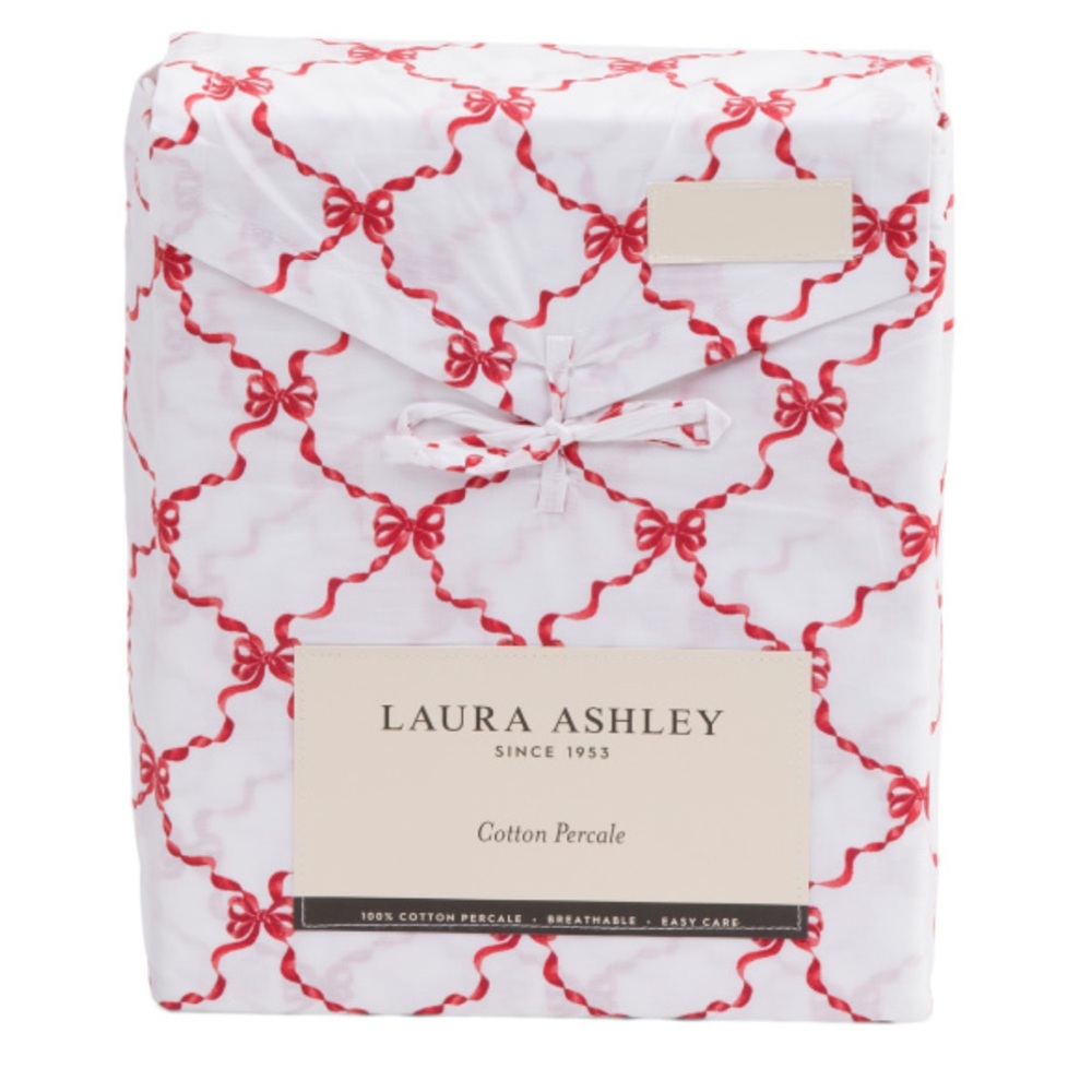 Laura Ashley Bow Ribbon Cotton Percale Queen Sheet Set New